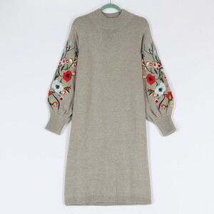 ROOLEE Floral Embroidered Sweater Dress Womens Laarge Grey Mock Neck Boho Warm